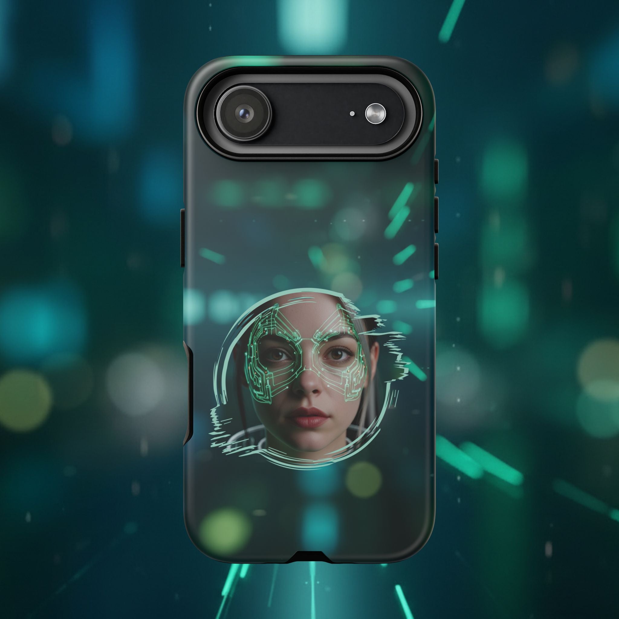 Cyberpunk Portrait Phone Case — Futuristic Neon Tech Face Design Tough Case - Green Cyborg Woman