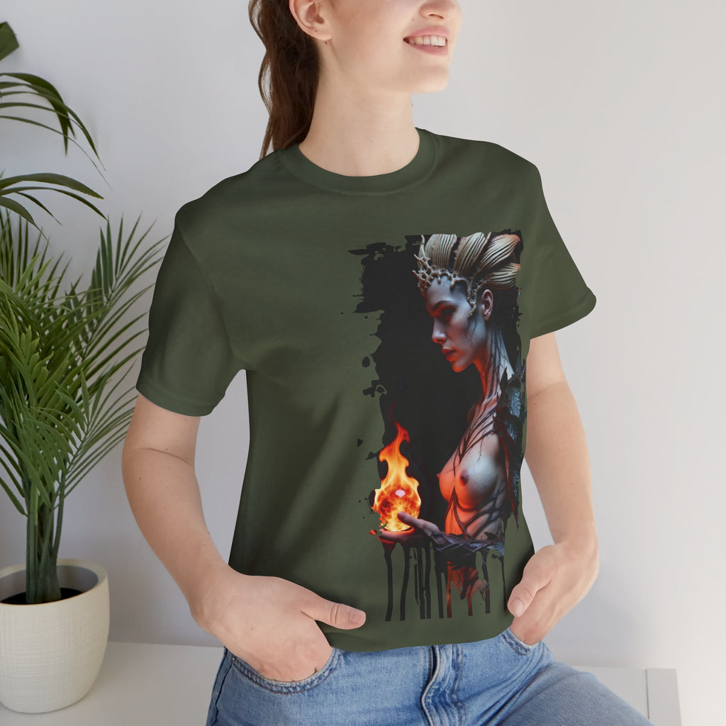 Mythic Fire Goddess T‑Shirt — Fantasy Portrait Tee with Flaming Orb - Alexia Ashford Side Face