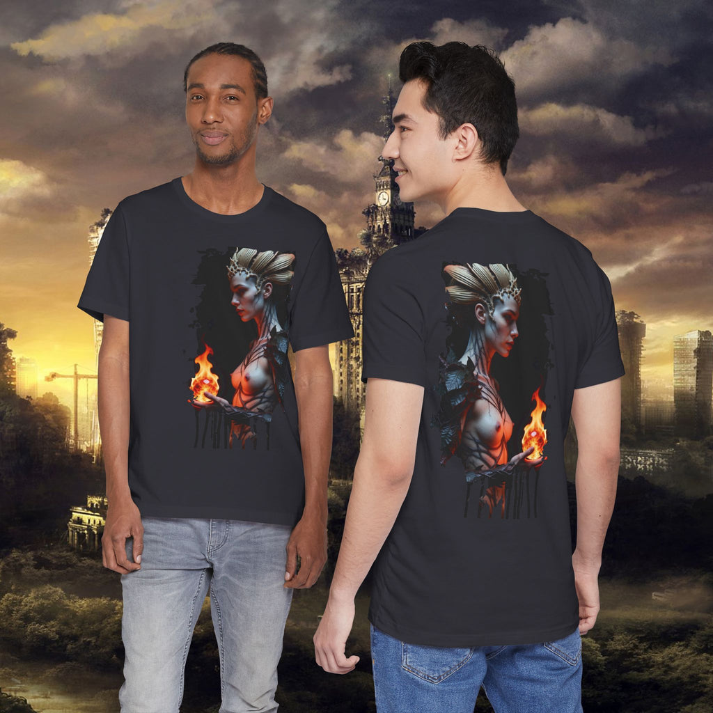 Mythic Fire Goddess T‑Shirt — Fantasy Portrait Tee with Flaming Orb - Alexia Ashford Side Face
