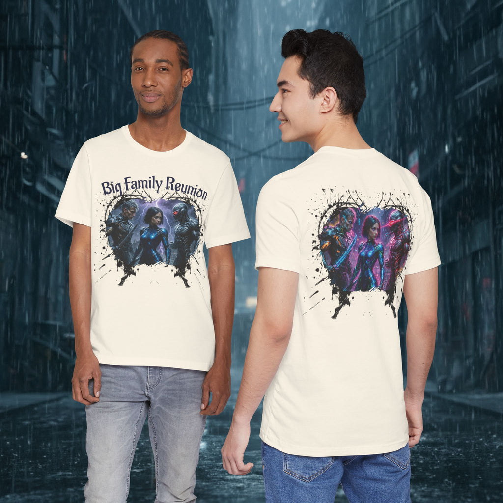 T-Shirt — "Big Family Reunion" Sci‑Fi Character Heart Graphic Tee - Battle Suits