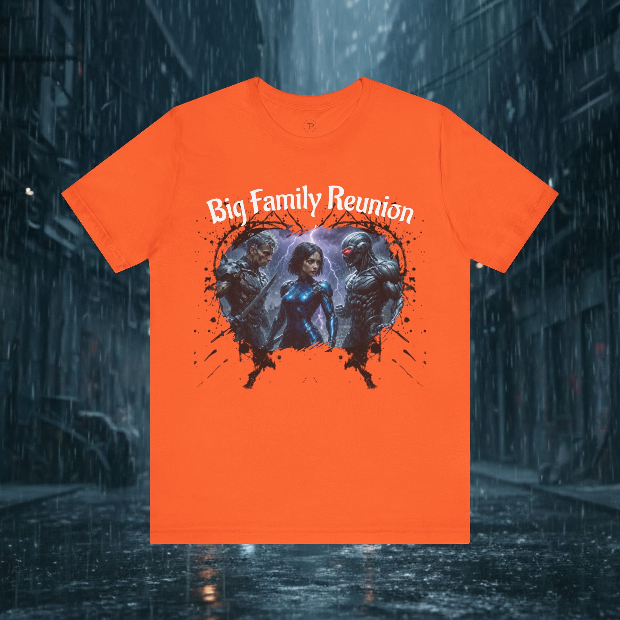 T-Shirt — "Big Family Reunion" Sci‑Fi Character Heart Graphic Tee - Battle Suits