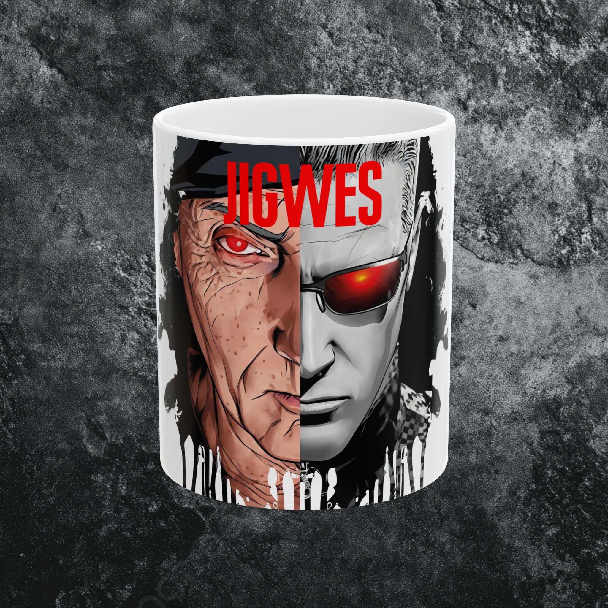 Split Face JIGSAW Y WESKER  — Sci‑Fi Half‑Human Red Eye Ceramic Coffee Cup (11oz/15oz) - JIGWES
