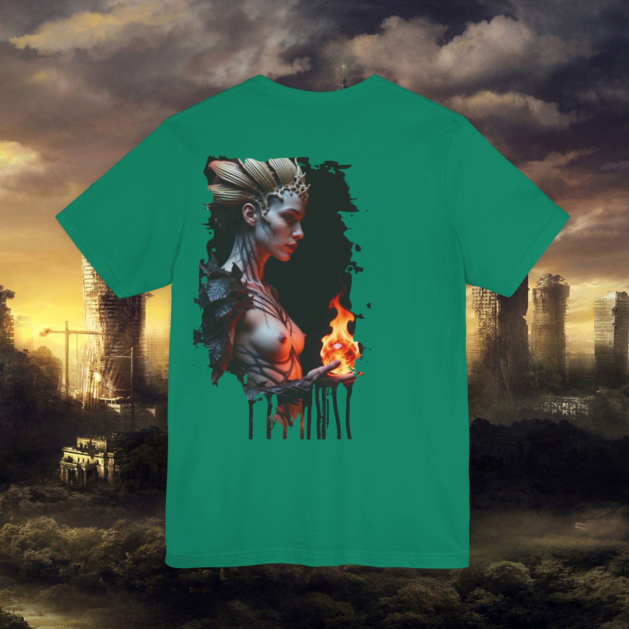 Mythic Fire Goddess T‑Shirt — Fantasy Portrait Tee with Flaming Orb - Alexia Ashford Side Face