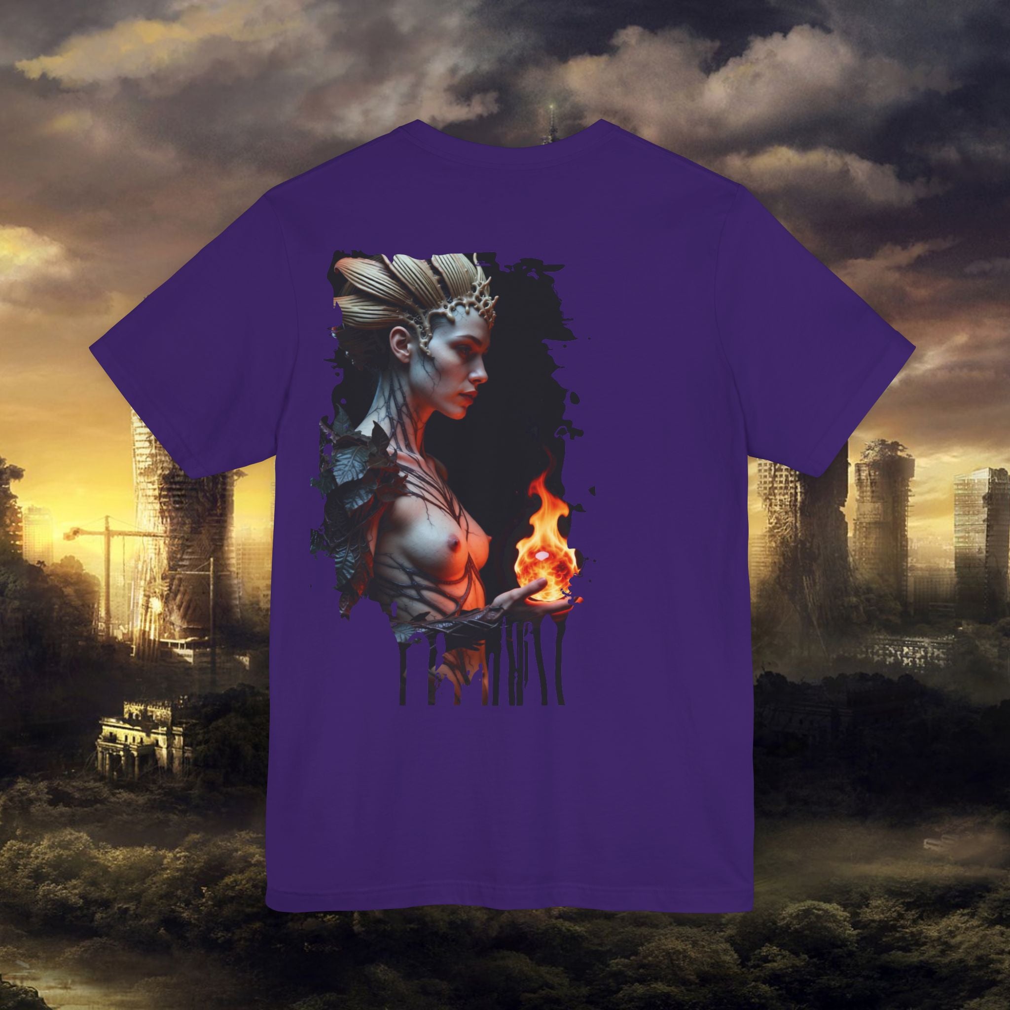 Mythic Fire Goddess T‑Shirt — Fantasy Portrait Tee with Flaming Orb - Alexia Ashford Side Face