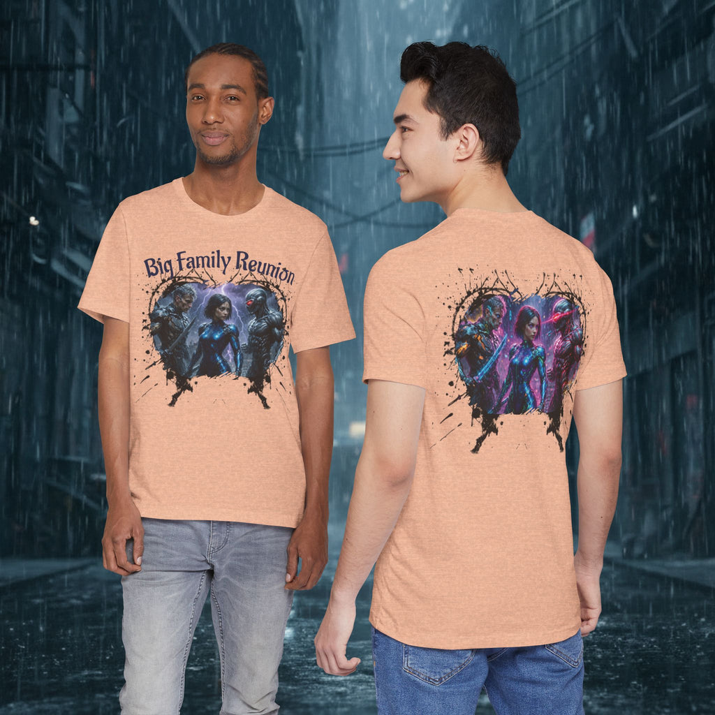 T-Shirt — "Big Family Reunion" Sci‑Fi Character Heart Graphic Tee - Battle Suits