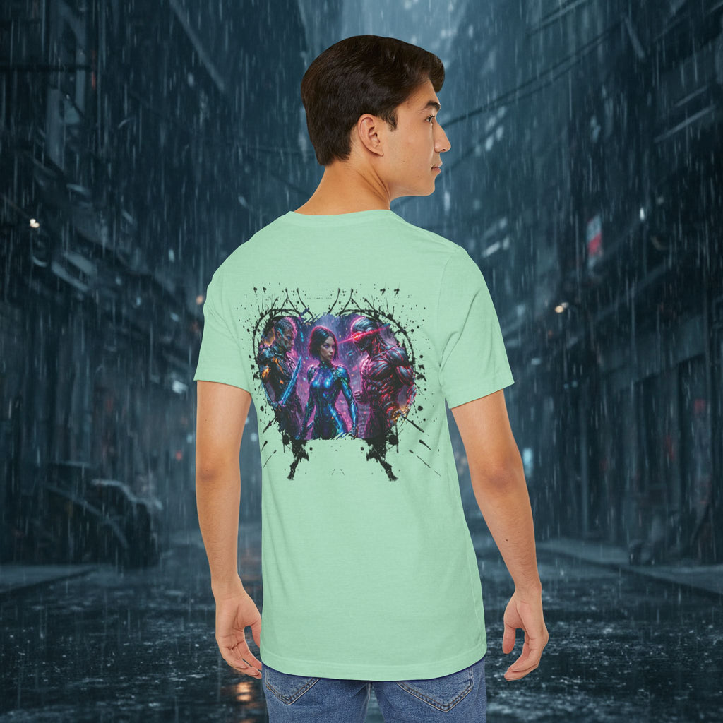 T-Shirt — "Big Family Reunion" Sci‑Fi Character Heart Graphic Tee - Battle Suits