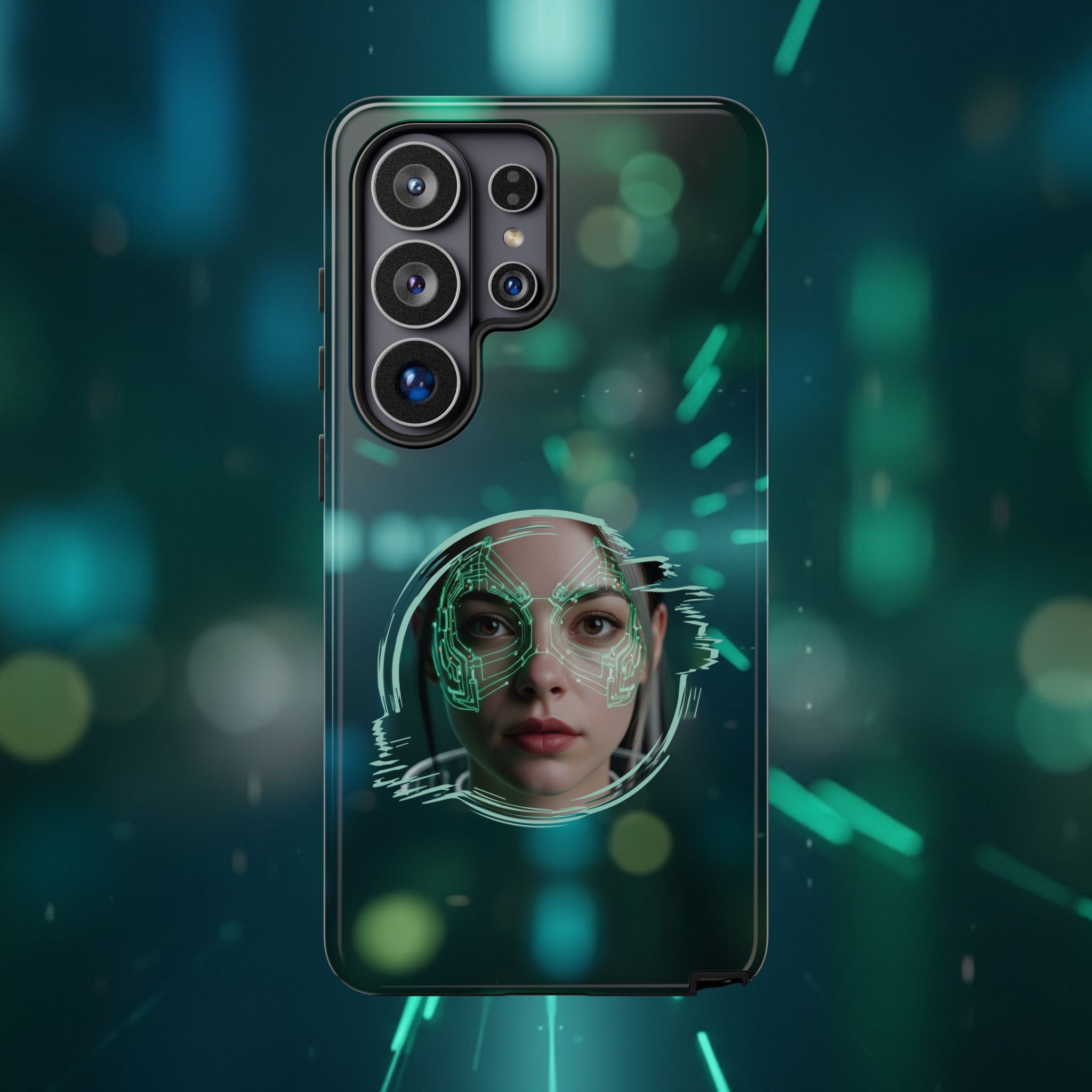 Cyberpunk Portrait Phone Case — Futuristic Neon Tech Face Design Tough Case - Green Cyborg Woman