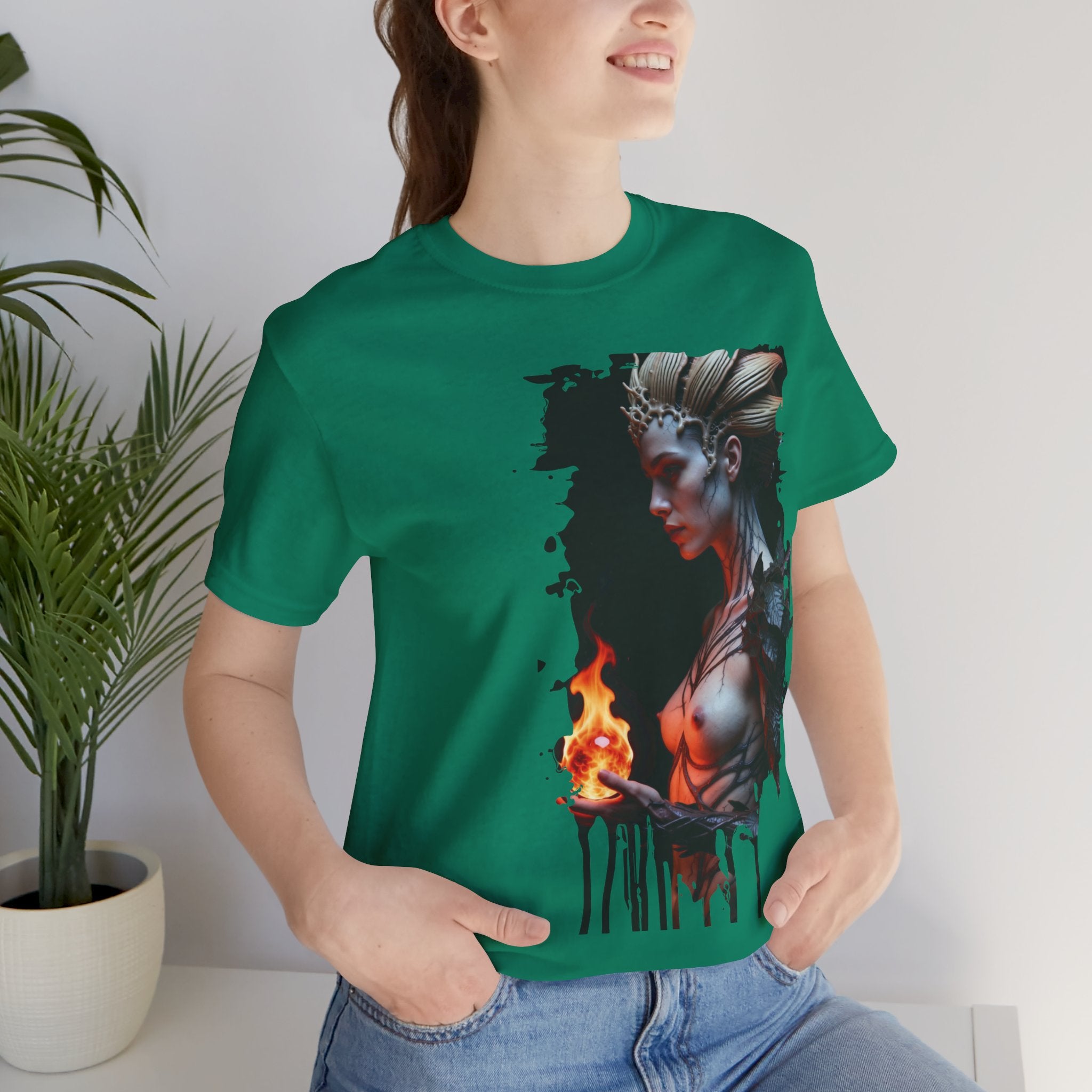 Mythic Fire Goddess T‑Shirt — Fantasy Portrait Tee with Flaming Orb - Alexia Ashford Side Face