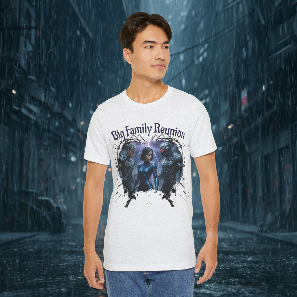 T-Shirt — "Big Family Reunion" Sci‑Fi Character Heart Graphic Tee - Battle Suits