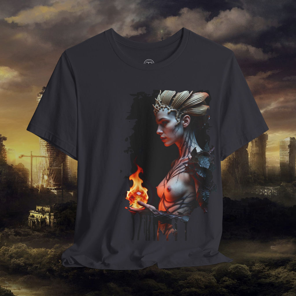 Mythic Fire Goddess T‑Shirt — Fantasy Portrait Tee with Flaming Orb - Alexia Ashford Side Face