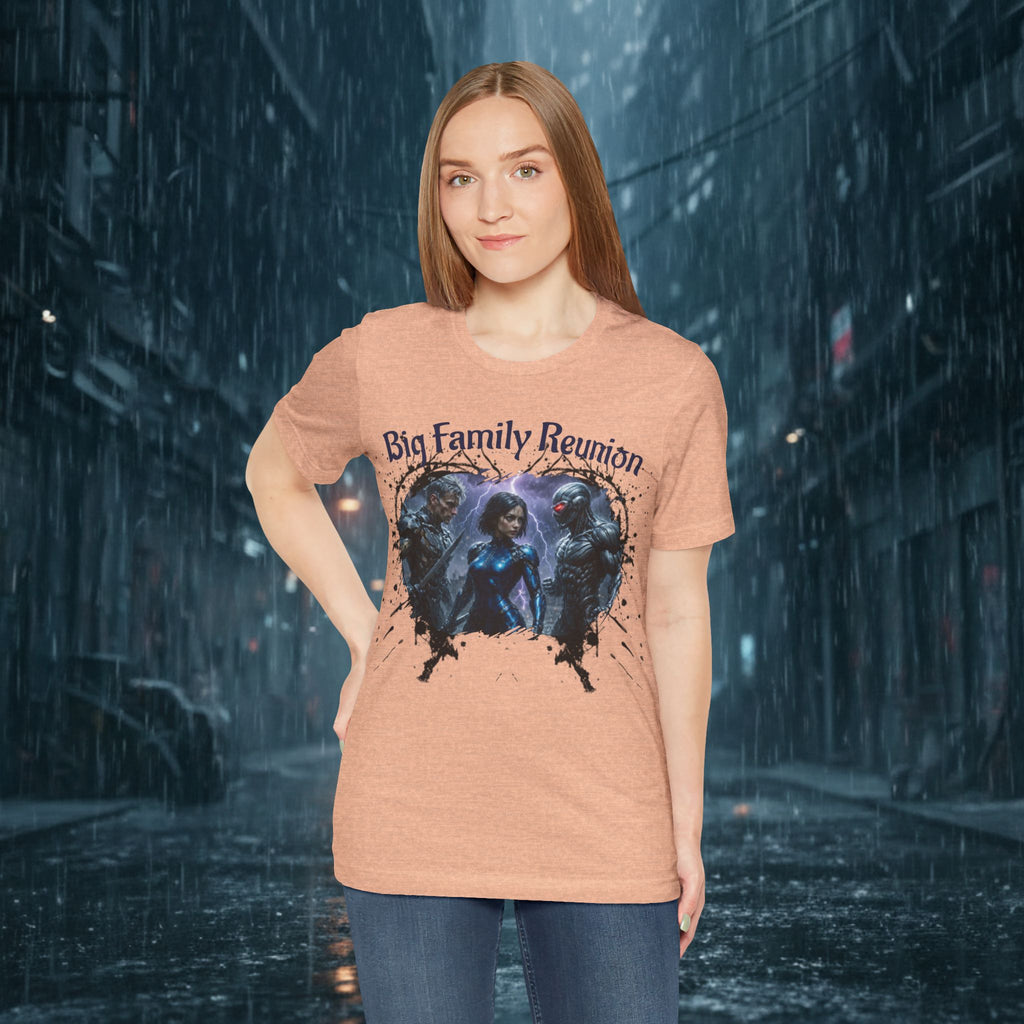 T-Shirt — "Big Family Reunion" Sci‑Fi Character Heart Graphic Tee - Battle Suits