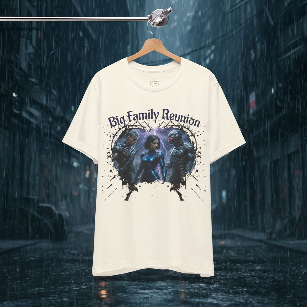 T-Shirt — "Big Family Reunion" Sci‑Fi Character Heart Graphic Tee - Battle Suits