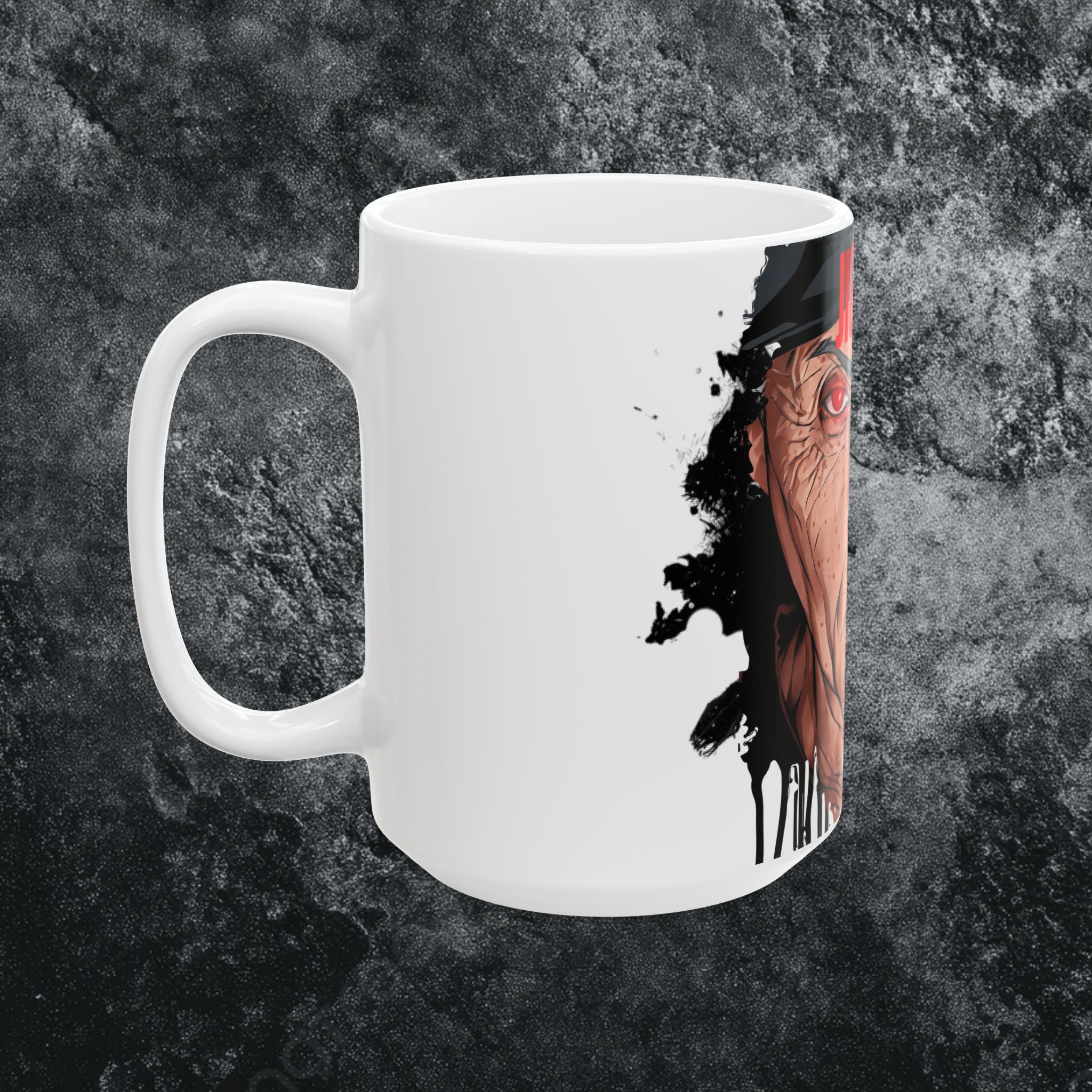 Split Face JIGSAW Y WESKER  — Sci‑Fi Half‑Human Red Eye Ceramic Coffee Cup (11oz/15oz) - JIGWES