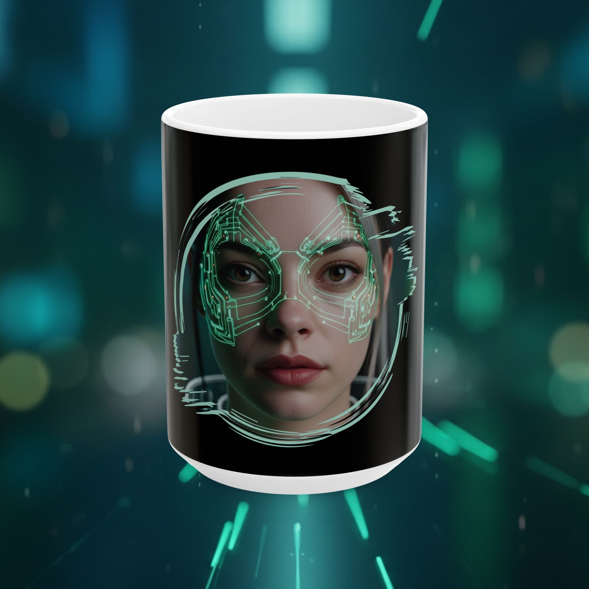 Cyberpunk Face Mask Ceramic Mug — Futuristic Portrait Coffee Cup (11oz/15oz) - Green Cyborg Woman