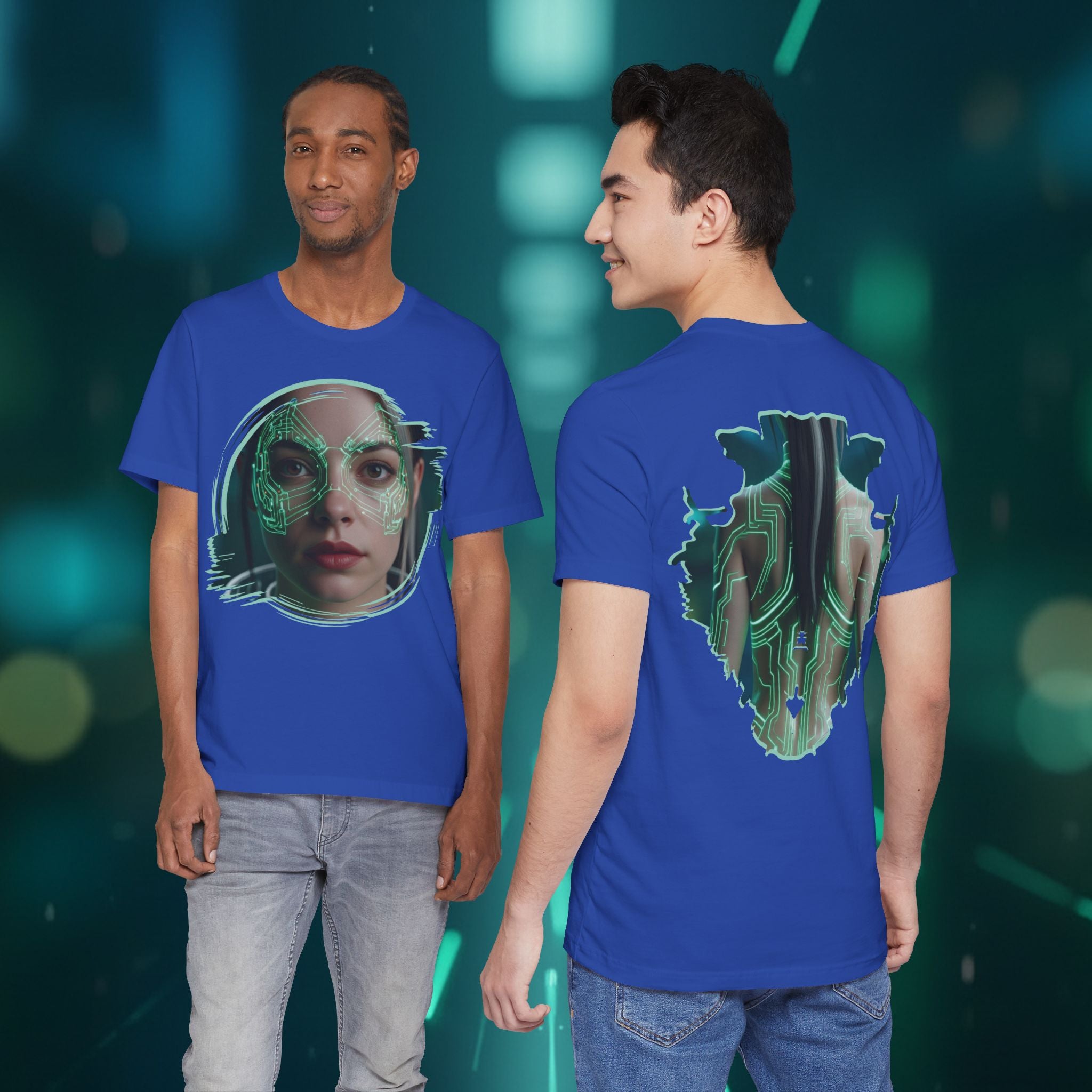 Cybernetic Portrait Tee — Futuristic Neon Circuit Face Graphic Shirt - Green Cyborg Woman