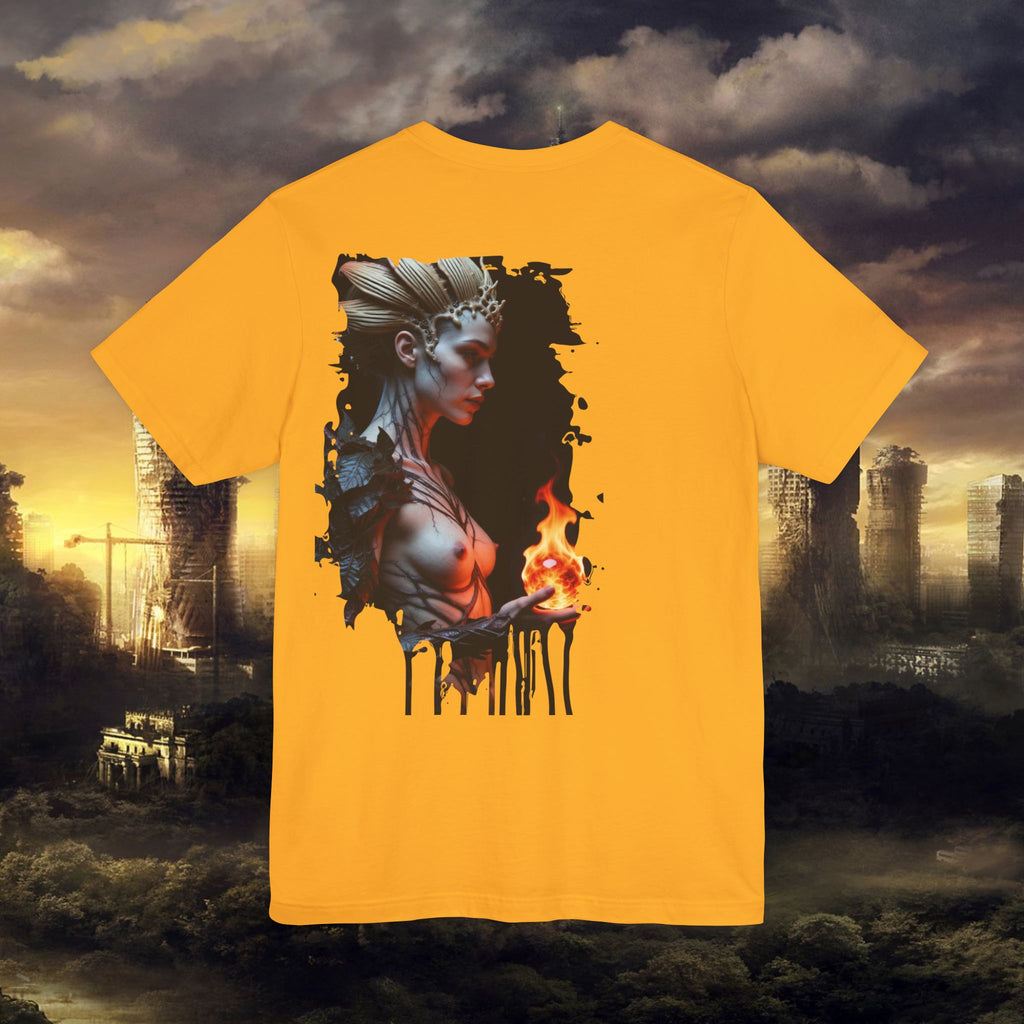 Mythic Fire Goddess T‑Shirt — Fantasy Portrait Tee with Flaming Orb - Alexia Ashford Side Face