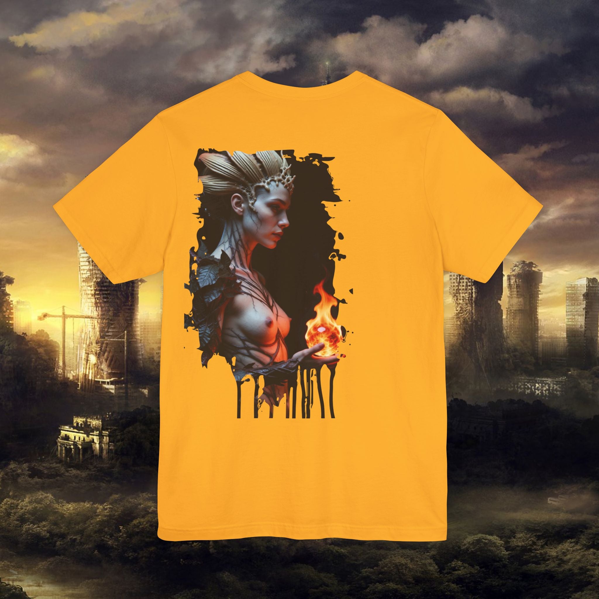 Mythic Fire Goddess T‑Shirt — Fantasy Portrait Tee with Flaming Orb - Alexia Ashford Side Face