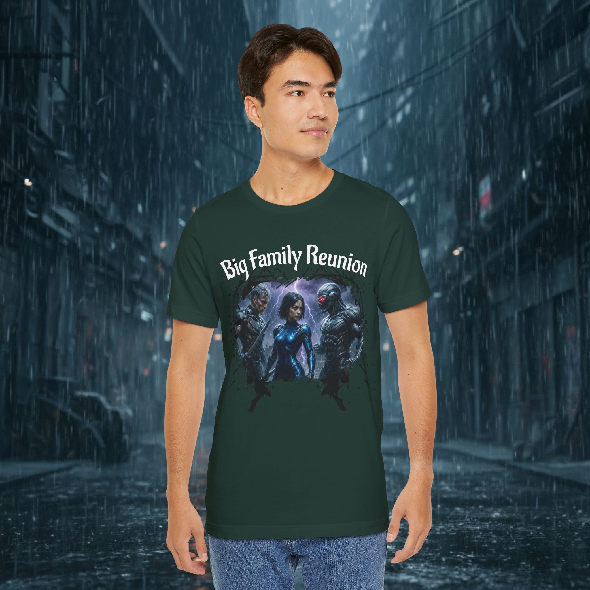 T-Shirt — "Big Family Reunion" Sci‑Fi Character Heart Graphic Tee - Battle Suits