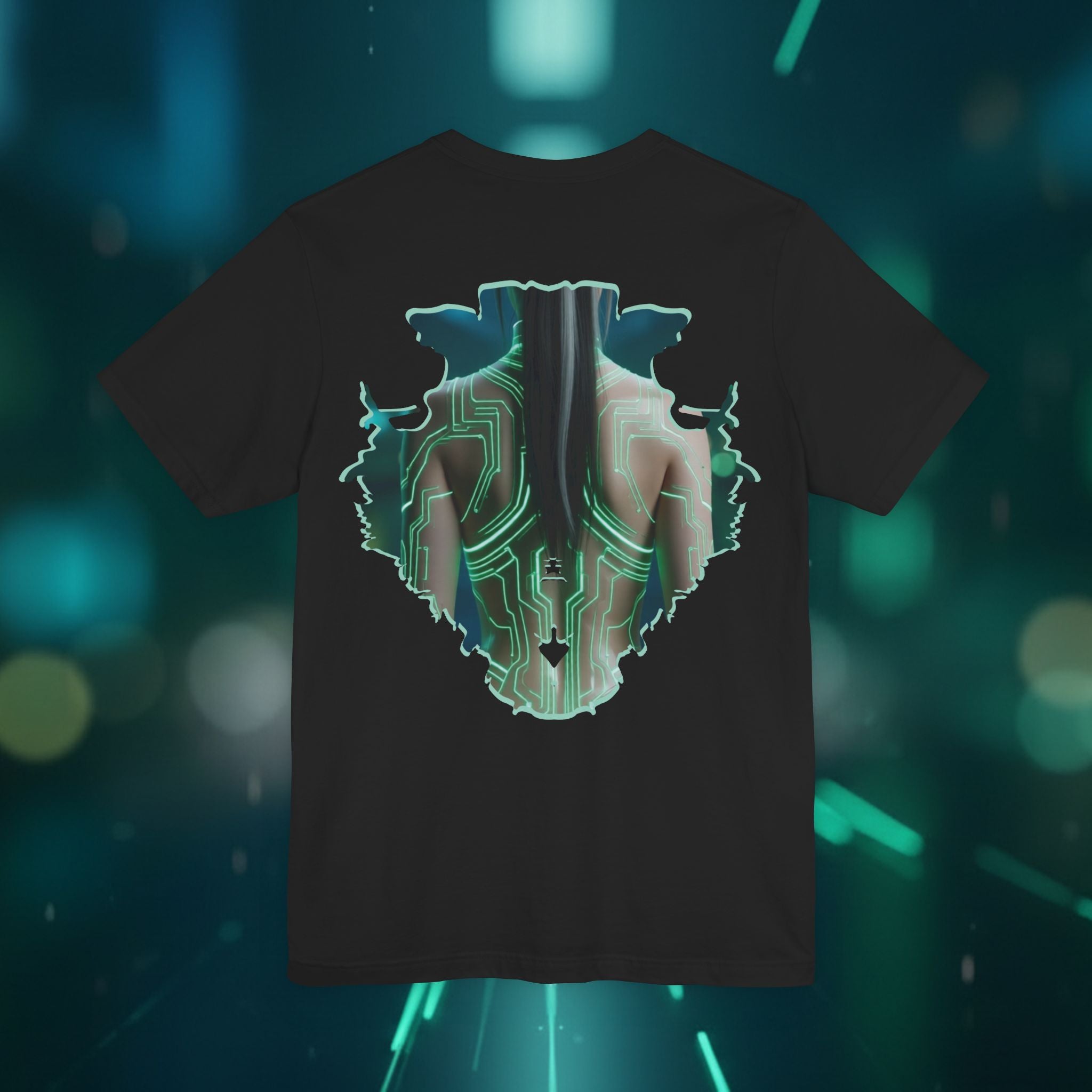 Cybernetic Portrait Tee — Futuristic Neon Circuit Face Graphic Shirt - Green Cyborg Woman