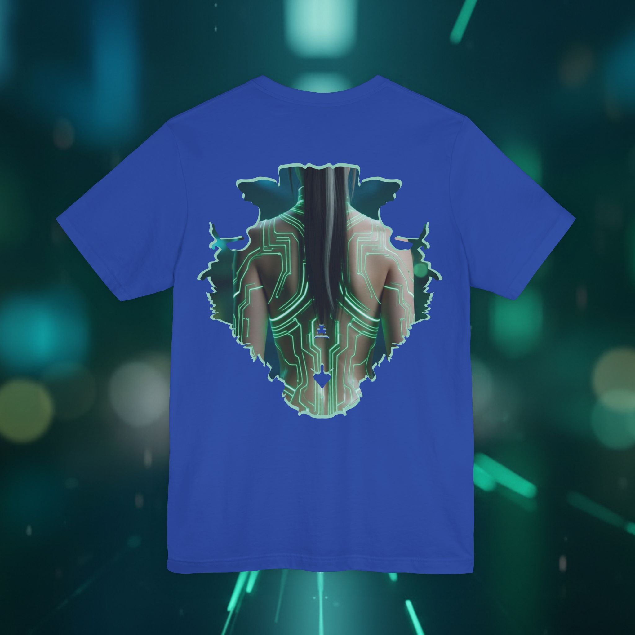 Cybernetic Portrait Tee — Futuristic Neon Circuit Face Graphic Shirt - Green Cyborg Woman