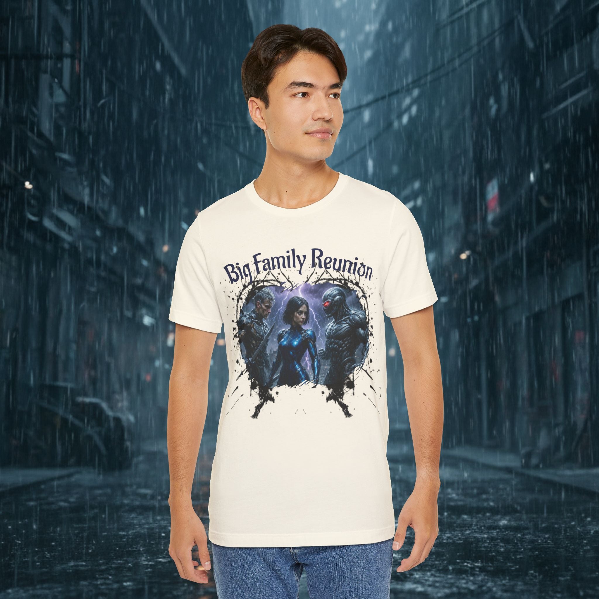 T-Shirt — "Big Family Reunion" Sci‑Fi Character Heart Graphic Tee - Battle Suits