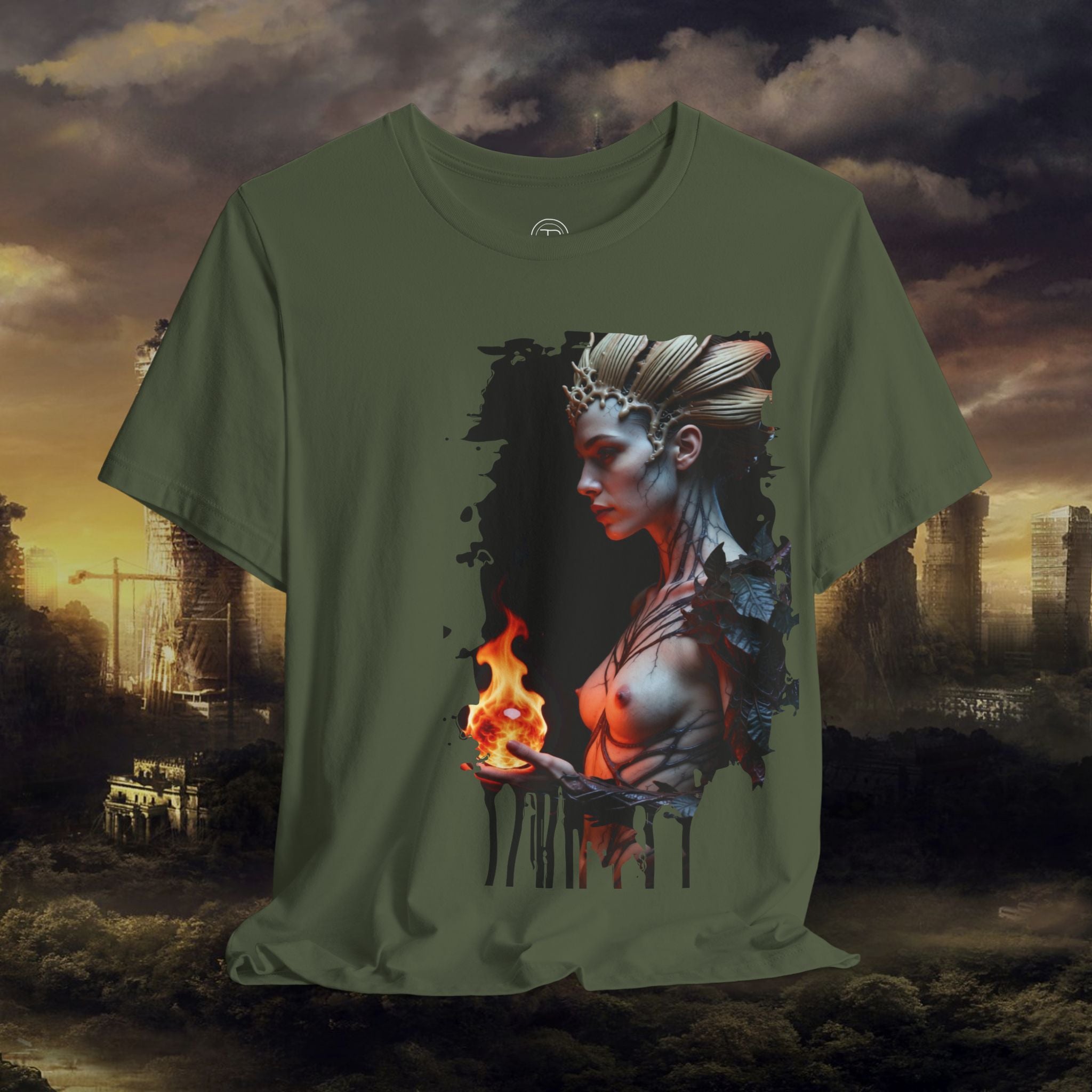 Mythic Fire Goddess T‑Shirt — Fantasy Portrait Tee with Flaming Orb - Alexia Ashford Side Face