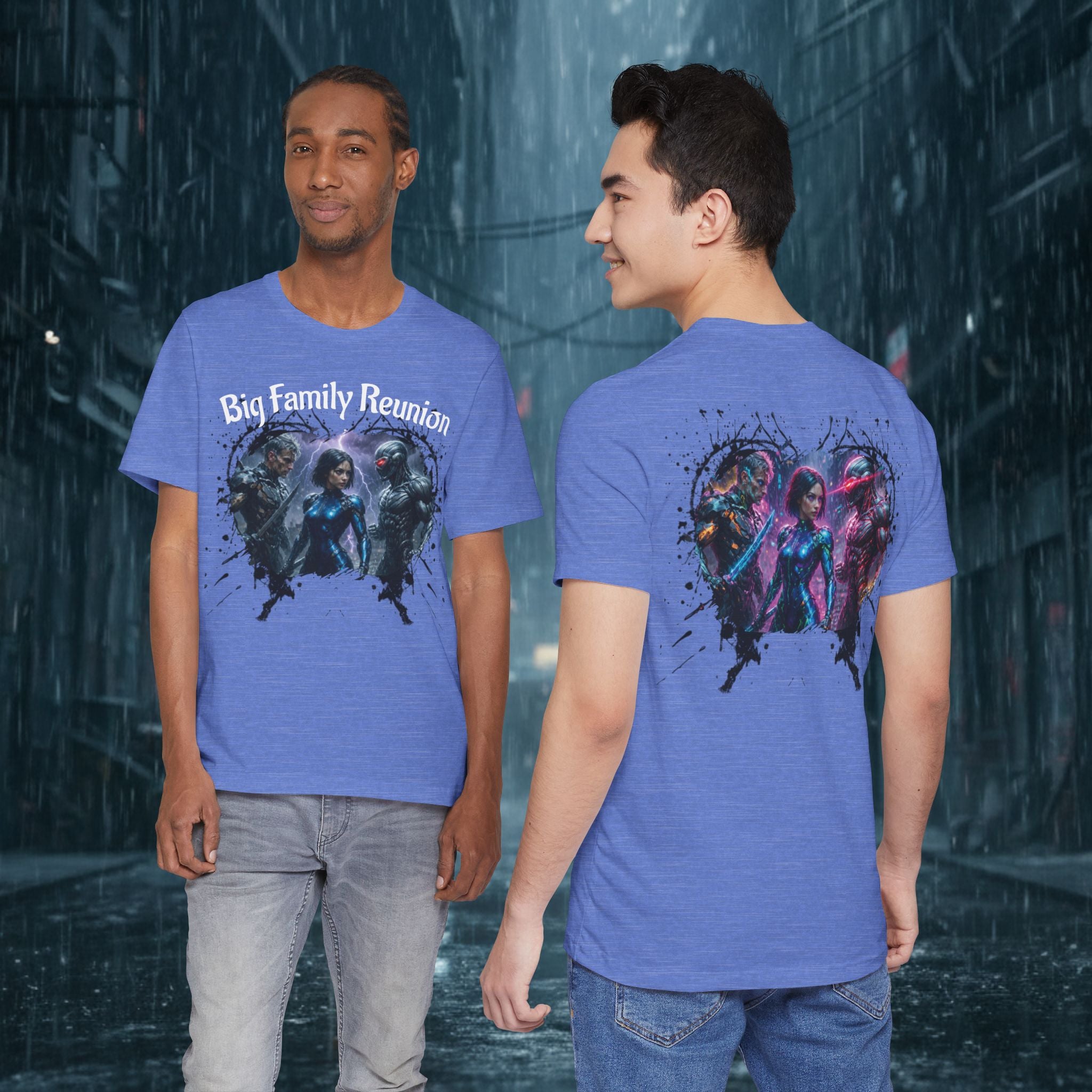 T-Shirt — "Big Family Reunion" Sci‑Fi Character Heart Graphic Tee - Battle Suits