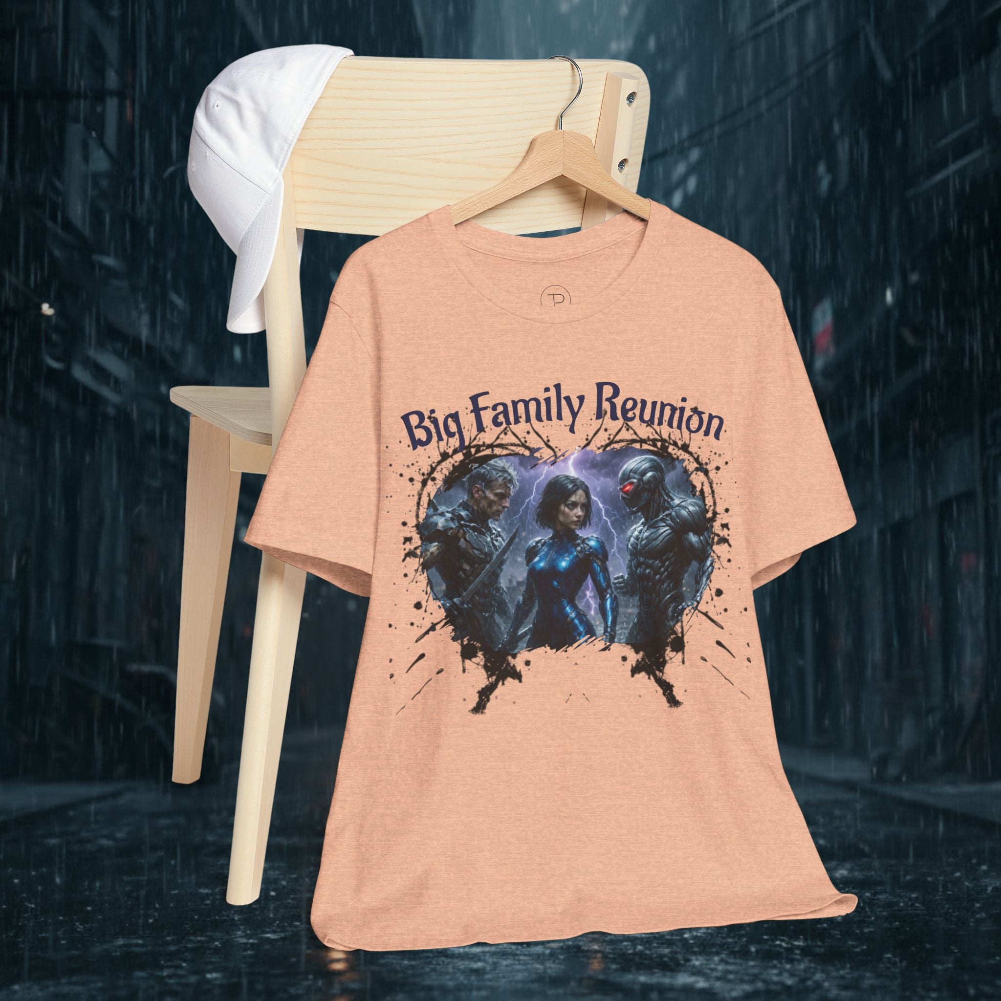T-Shirt — "Big Family Reunion" Sci‑Fi Character Heart Graphic Tee - Battle Suits
