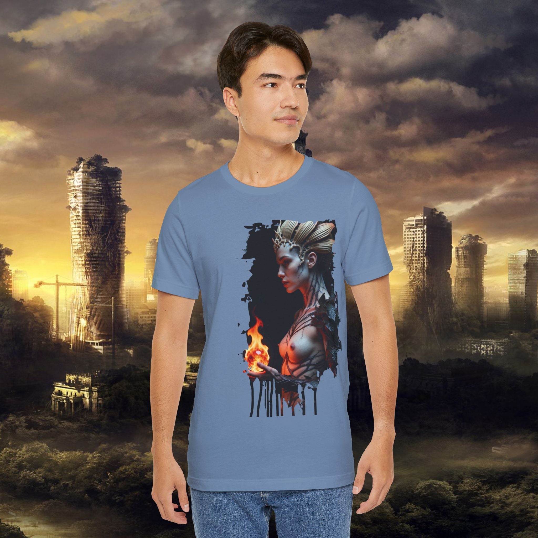 Mythic Fire Goddess T‑Shirt — Fantasy Portrait Tee with Flaming Orb - Alexia Ashford Side Face