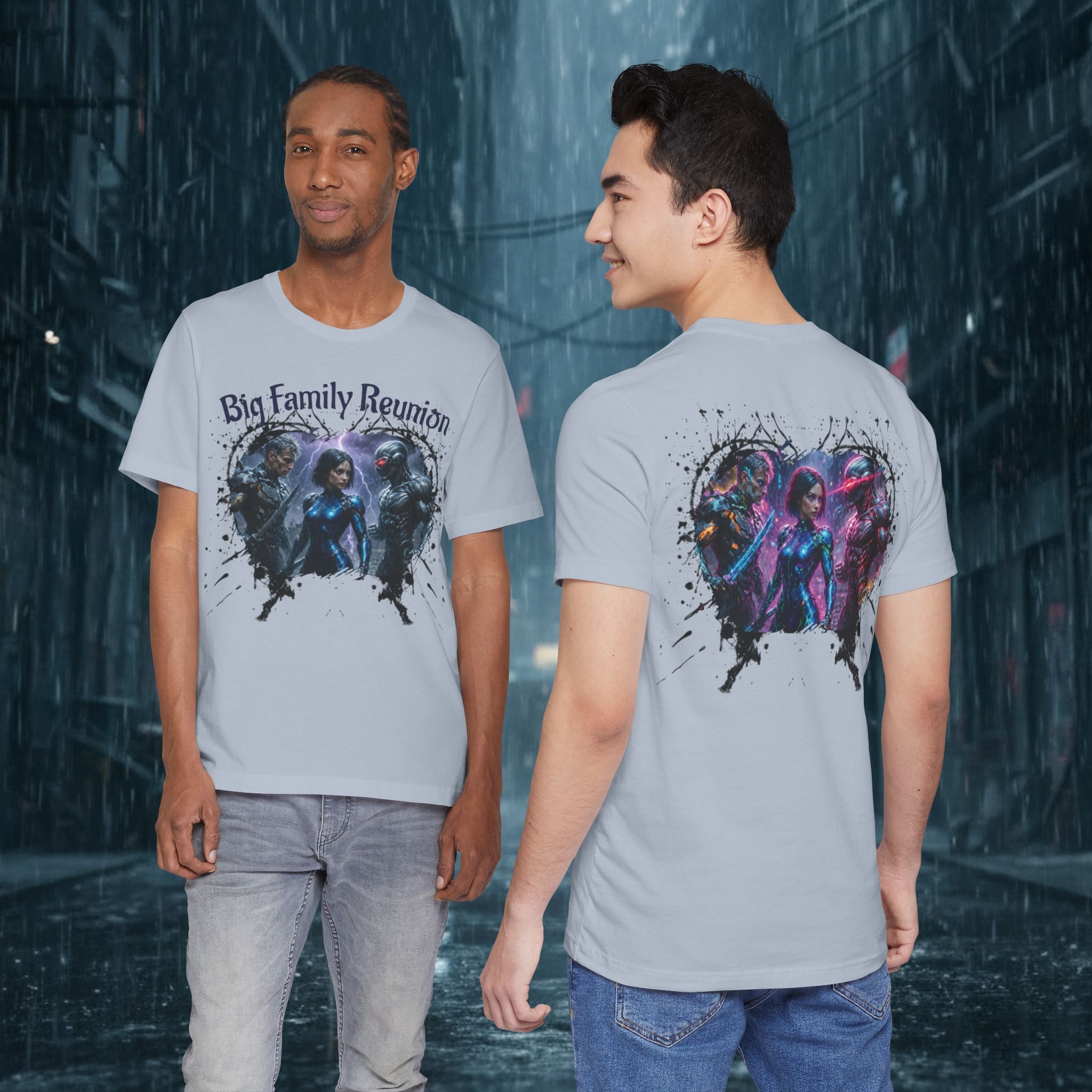 T-Shirt — "Big Family Reunion" Sci‑Fi Character Heart Graphic Tee - Battle Suits