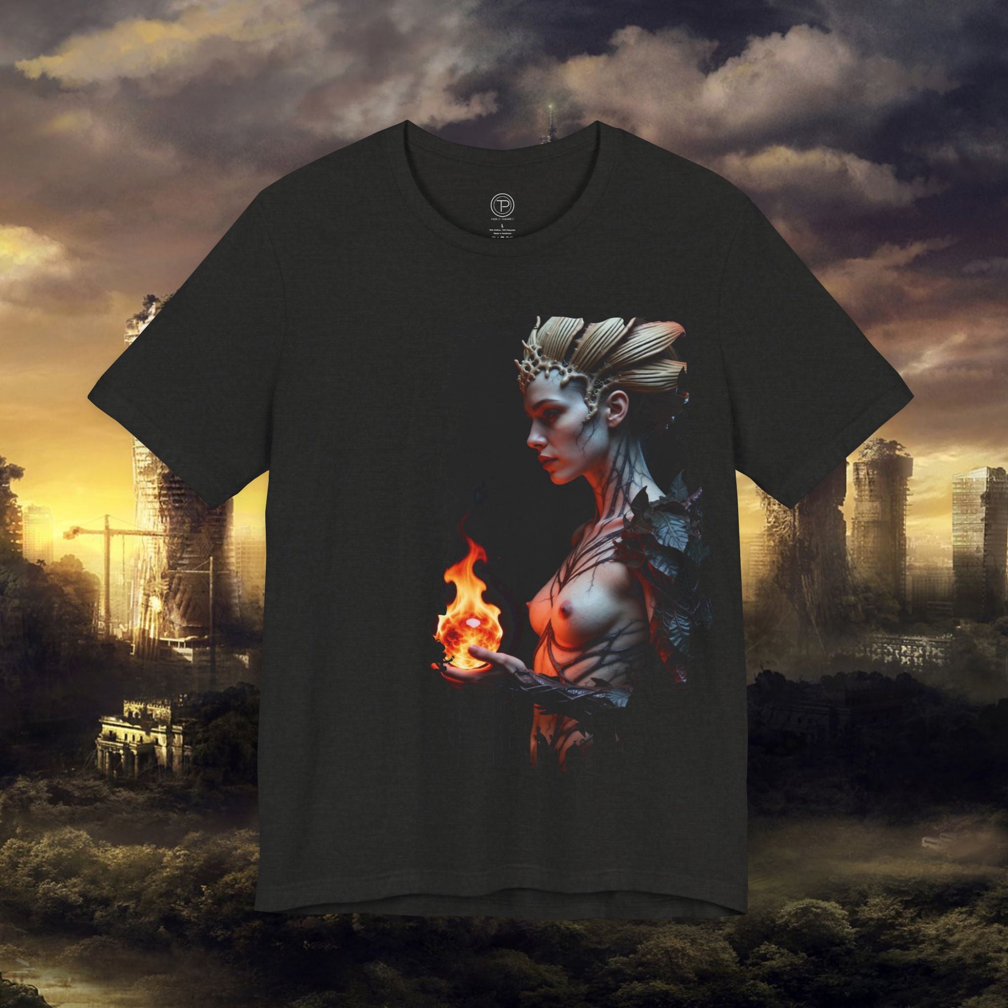 Mythic Fire Goddess T‑Shirt — Fantasy Portrait Tee with Flaming Orb - Alexia Ashford Side Face