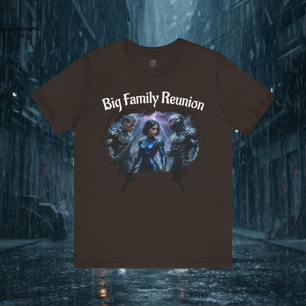 T-Shirt — "Big Family Reunion" Sci‑Fi Character Heart Graphic Tee - Battle Suits