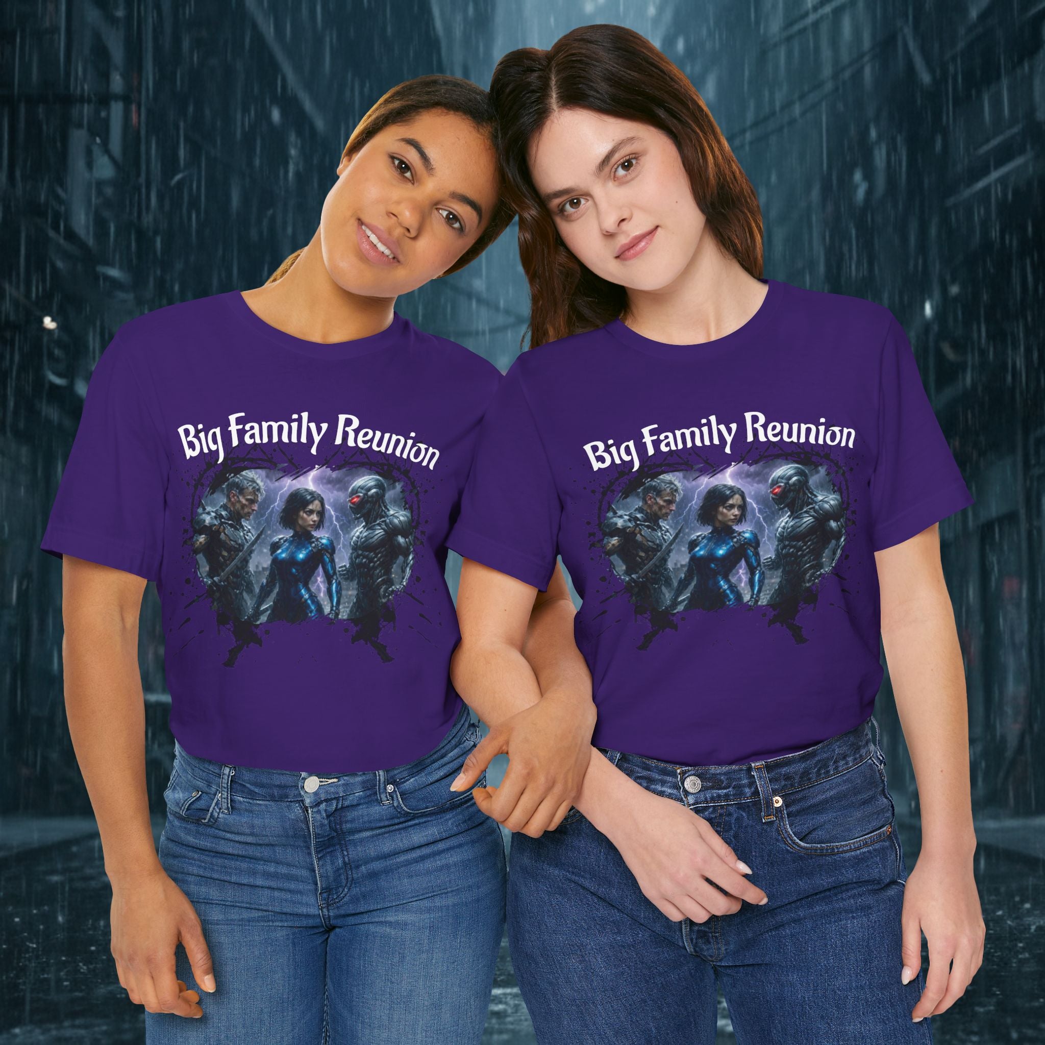 T-Shirt — "Big Family Reunion" Sci‑Fi Character Heart Graphic Tee - Battle Suits