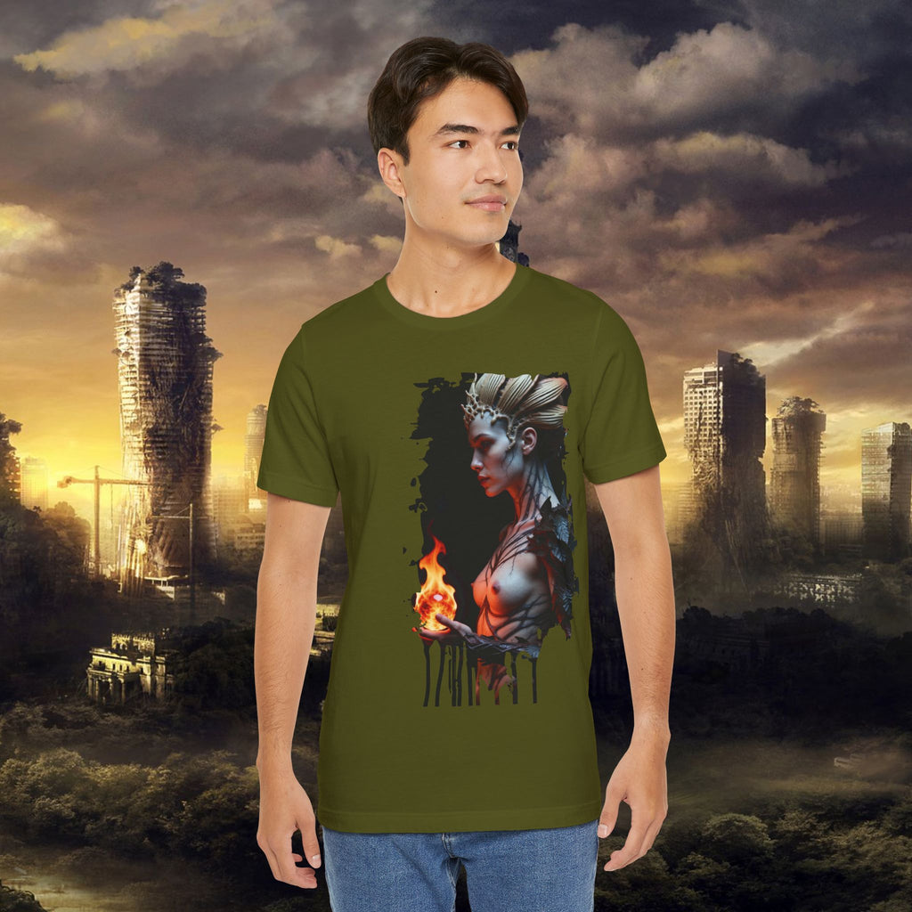 Mythic Fire Goddess T‑Shirt — Fantasy Portrait Tee with Flaming Orb - Alexia Ashford Side Face