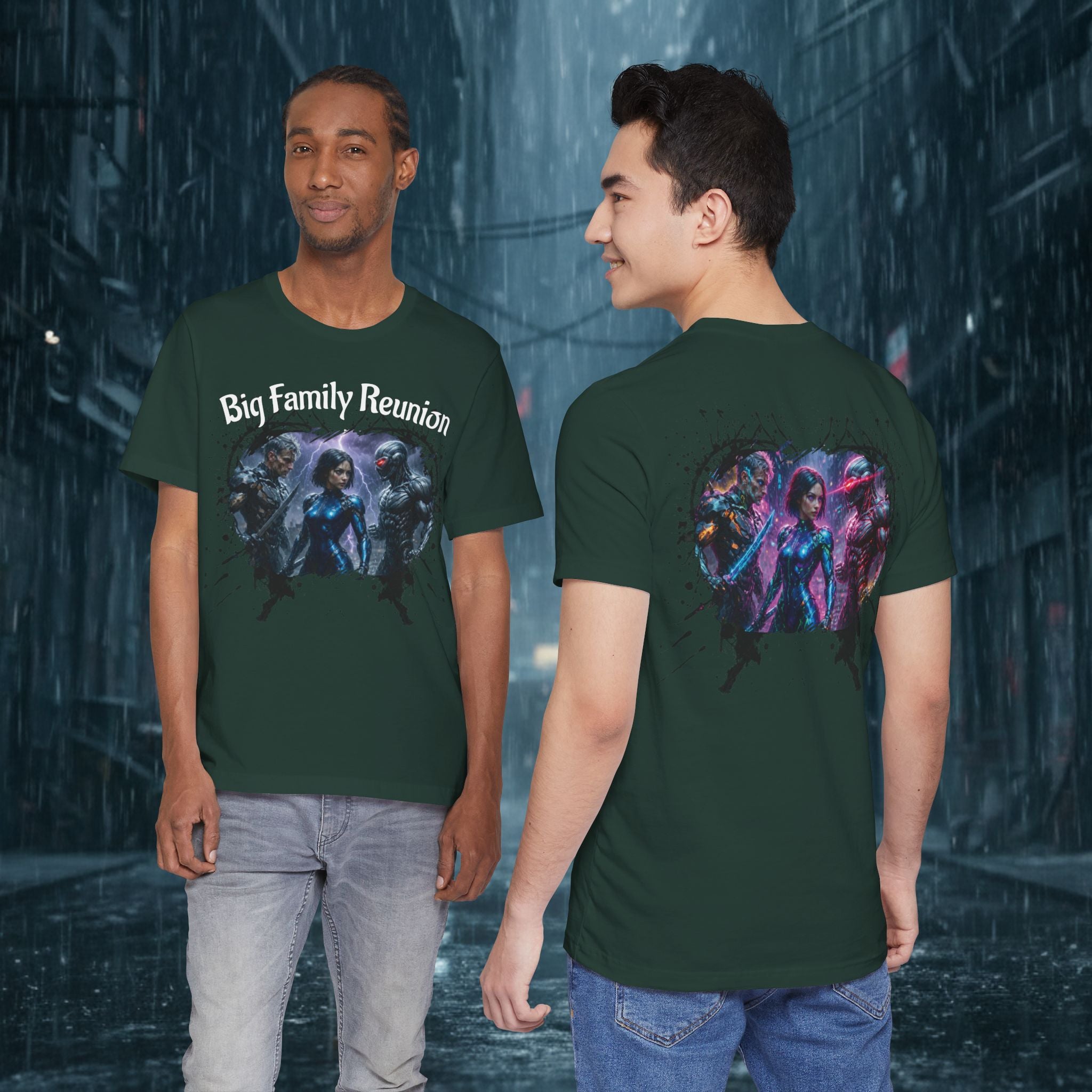 T-Shirt — "Big Family Reunion" Sci‑Fi Character Heart Graphic Tee - Battle Suits