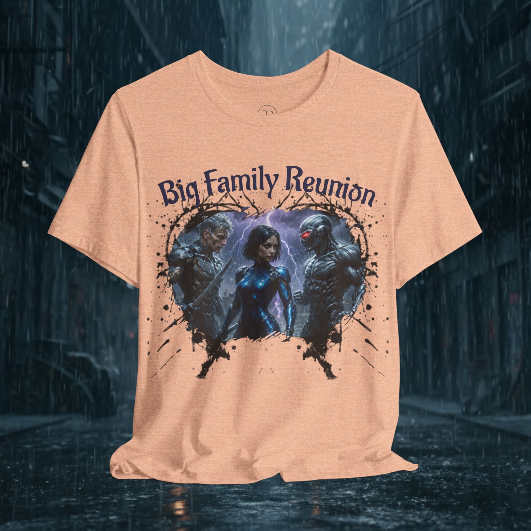 T-Shirt — "Big Family Reunion" Sci‑Fi Character Heart Graphic Tee - Battle Suits