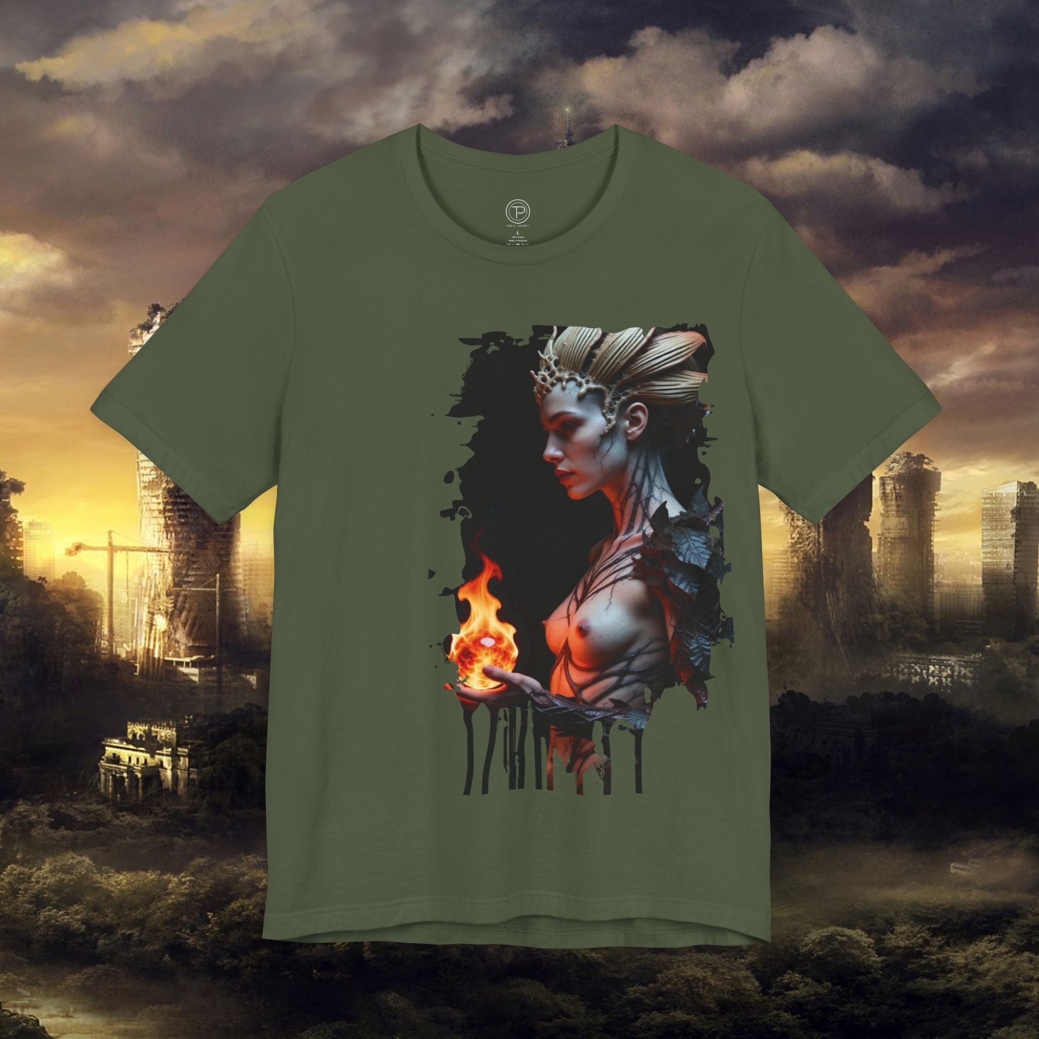 Mythic Fire Goddess T‑Shirt — Fantasy Portrait Tee with Flaming Orb - Alexia Ashford Side Face