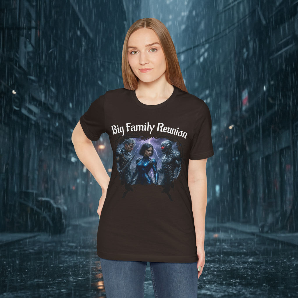 T-Shirt — "Big Family Reunion" Sci‑Fi Character Heart Graphic Tee - Battle Suits