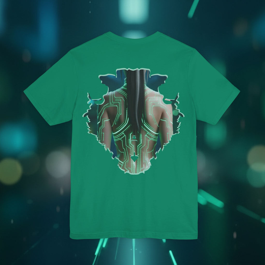Cybernetic Portrait Tee — Futuristic Neon Circuit Face Graphic Shirt - Green Cyborg Woman