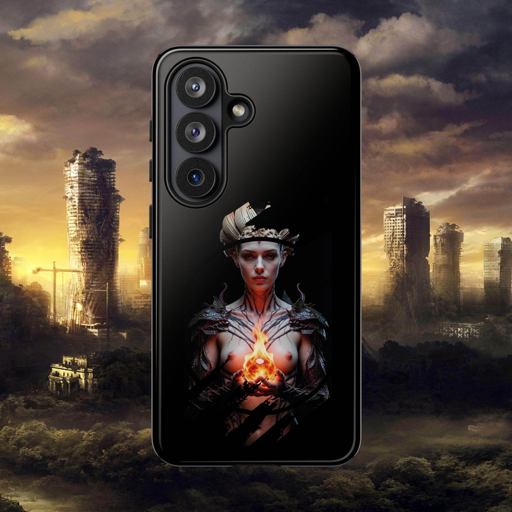Fantasy Sorceress Phone Case — Dark Magic Mage with Fiery Orb Tough Case - Alexia Ashford
