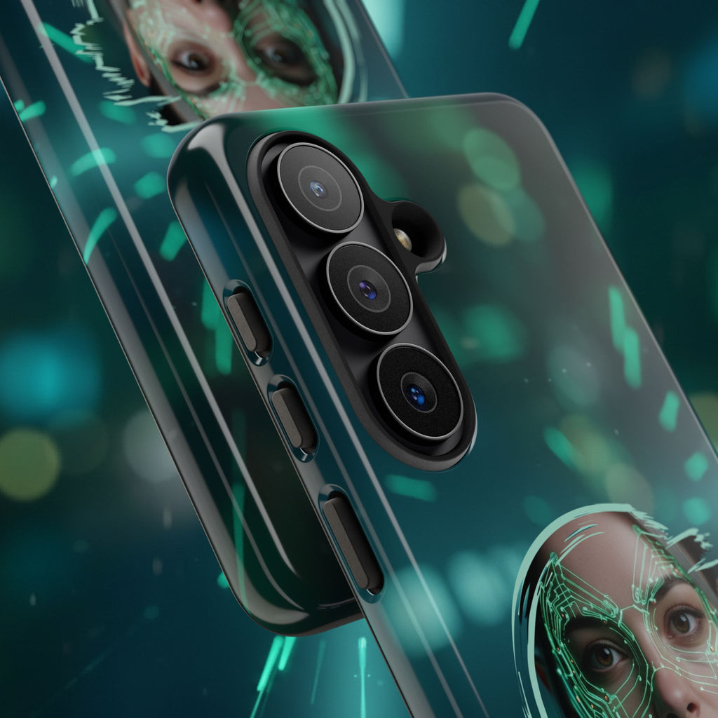 Cyberpunk Portrait Phone Case — Futuristic Neon Tech Face Design Tough Case - Green Cyborg Woman