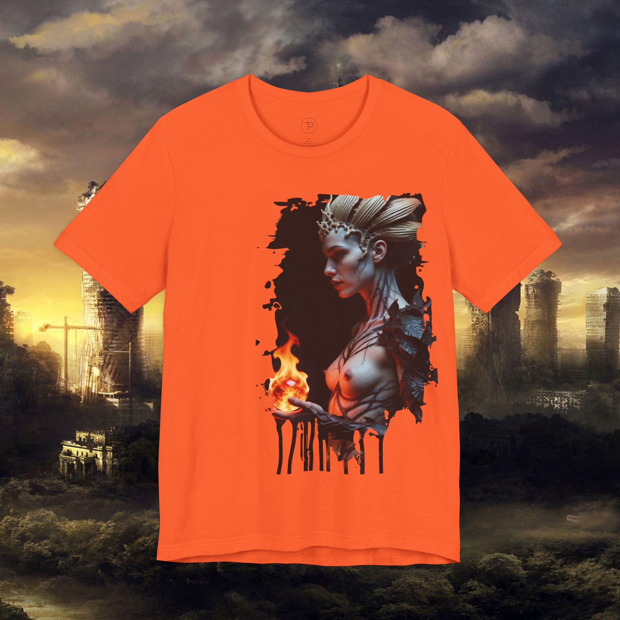 Mythic Fire Goddess T‑Shirt — Fantasy Portrait Tee with Flaming Orb - Alexia Ashford Side Face