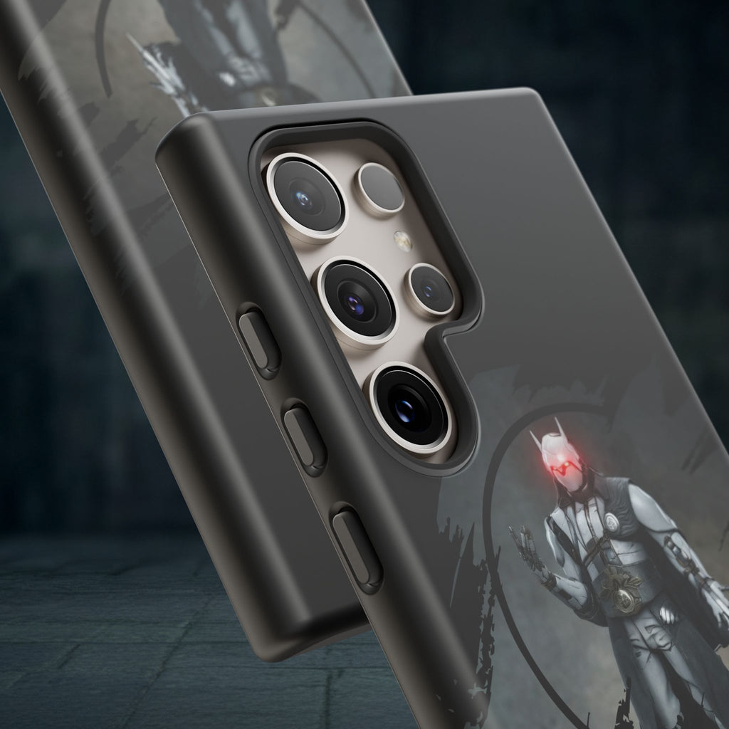 Galaxy Warrior Tough Phone Case — Dark Sci‑Fi Armor with Red Helm