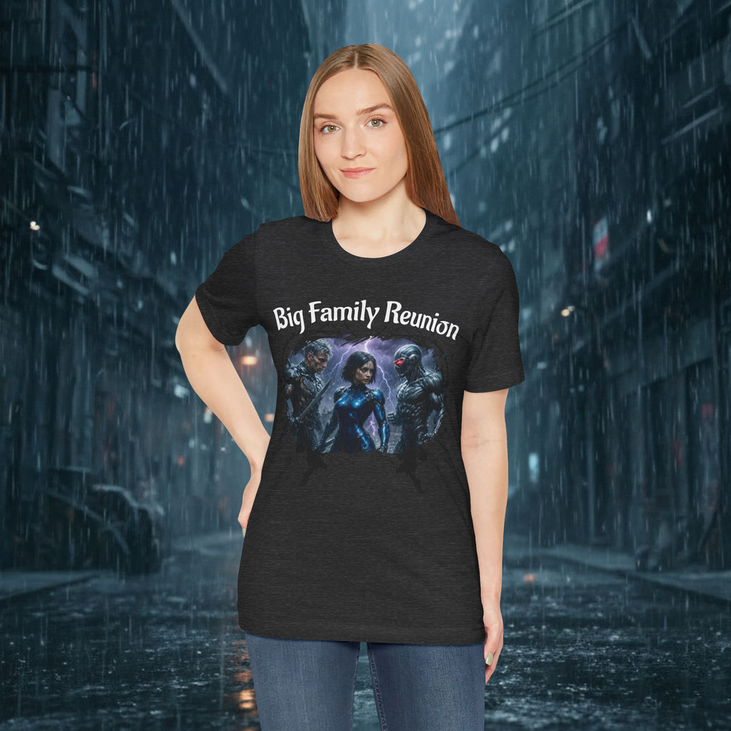T-Shirt — "Big Family Reunion" Sci‑Fi Character Heart Graphic Tee - Battle Suits