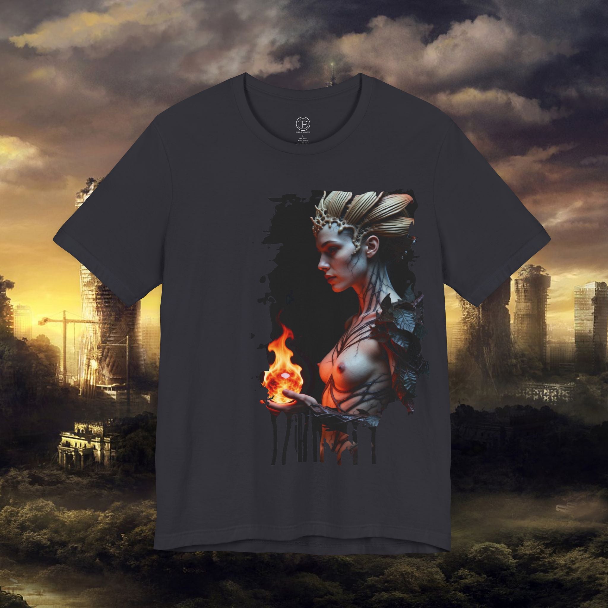 Mythic Fire Goddess T‑Shirt — Fantasy Portrait Tee with Flaming Orb - Alexia Ashford Side Face