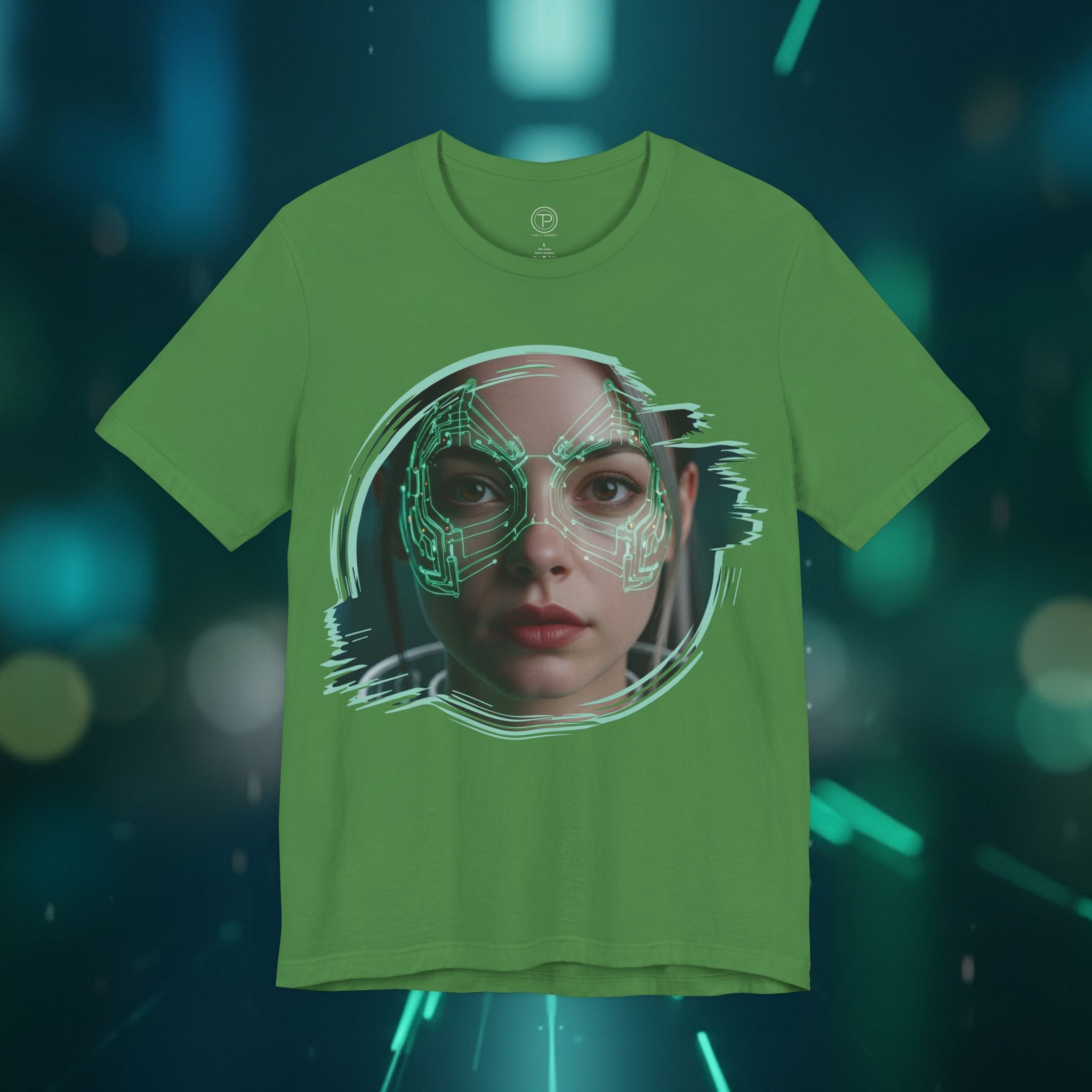 Cybernetic Portrait Tee — Futuristic Neon Circuit Face Graphic Shirt - Green Cyborg Woman