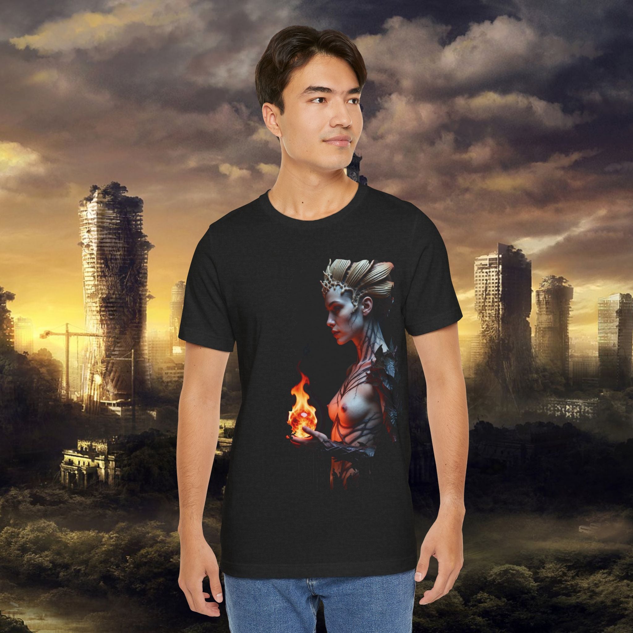 Mythic Fire Goddess T‑Shirt — Fantasy Portrait Tee with Flaming Orb - Alexia Ashford Side Face