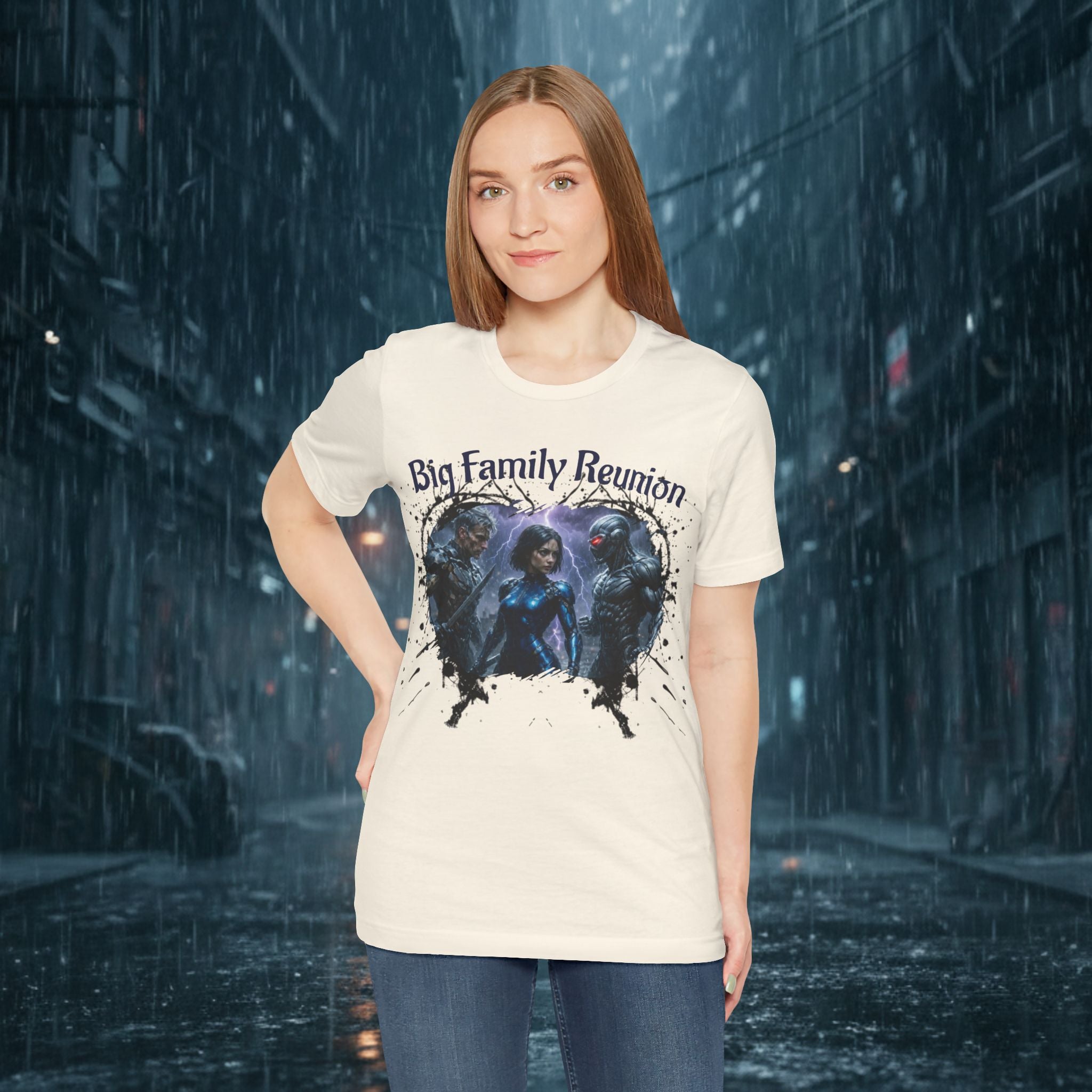 T-Shirt — "Big Family Reunion" Sci‑Fi Character Heart Graphic Tee - Battle Suits