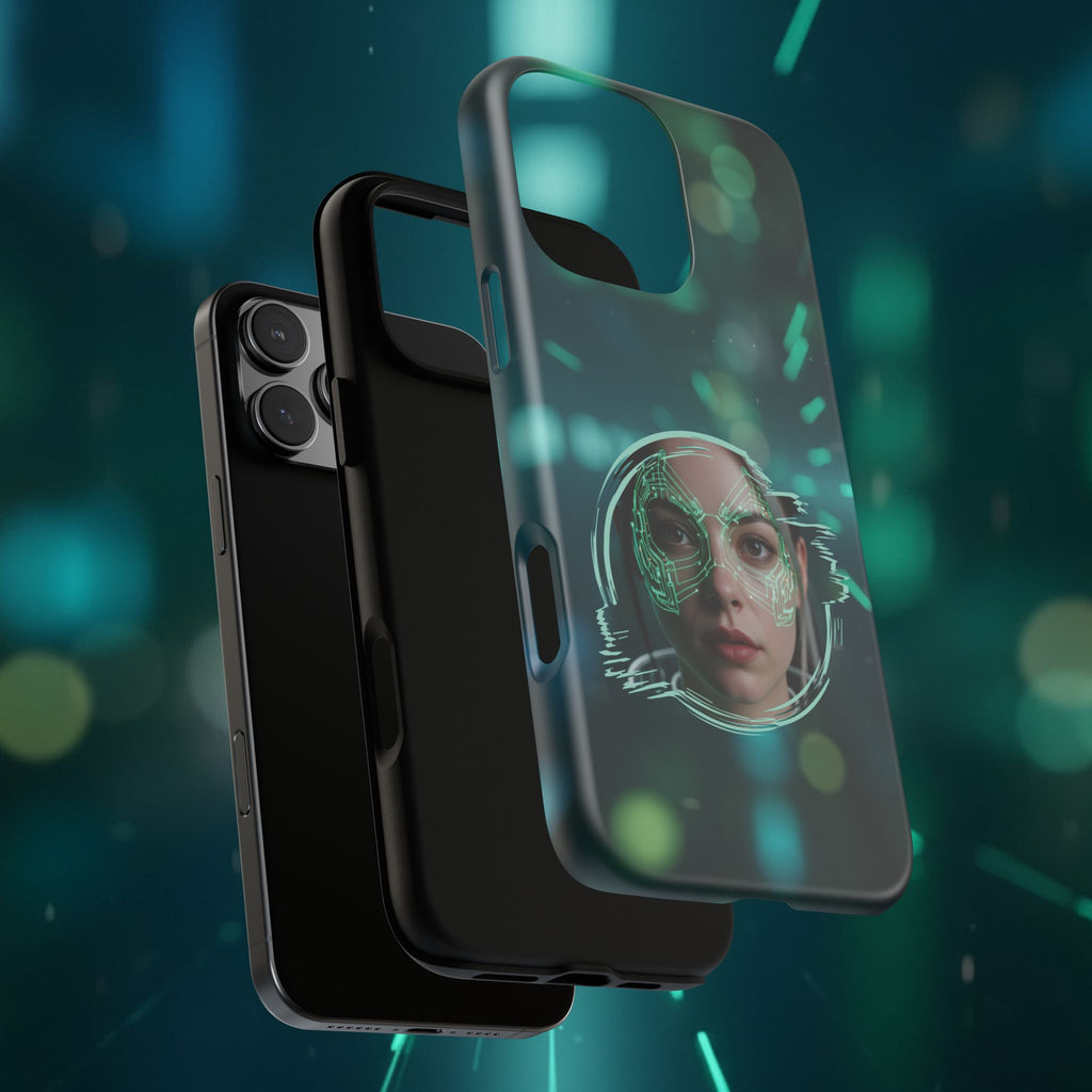 Cyberpunk Portrait Phone Case — Futuristic Neon Tech Face Design Tough Case - Green Cyborg Woman