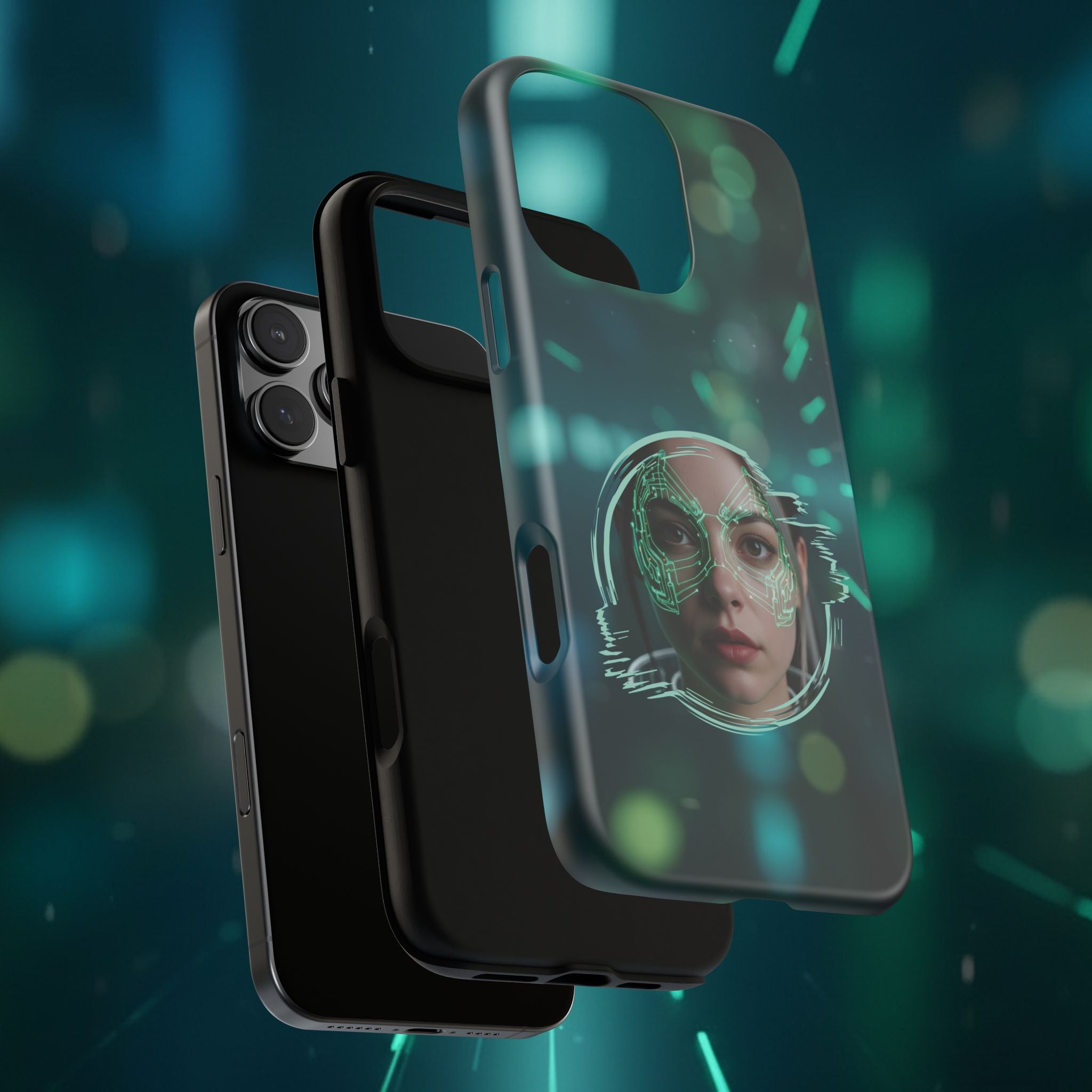 Cyberpunk Portrait Phone Case — Futuristic Neon Tech Face Design Tough Case - Green Cyborg Woman